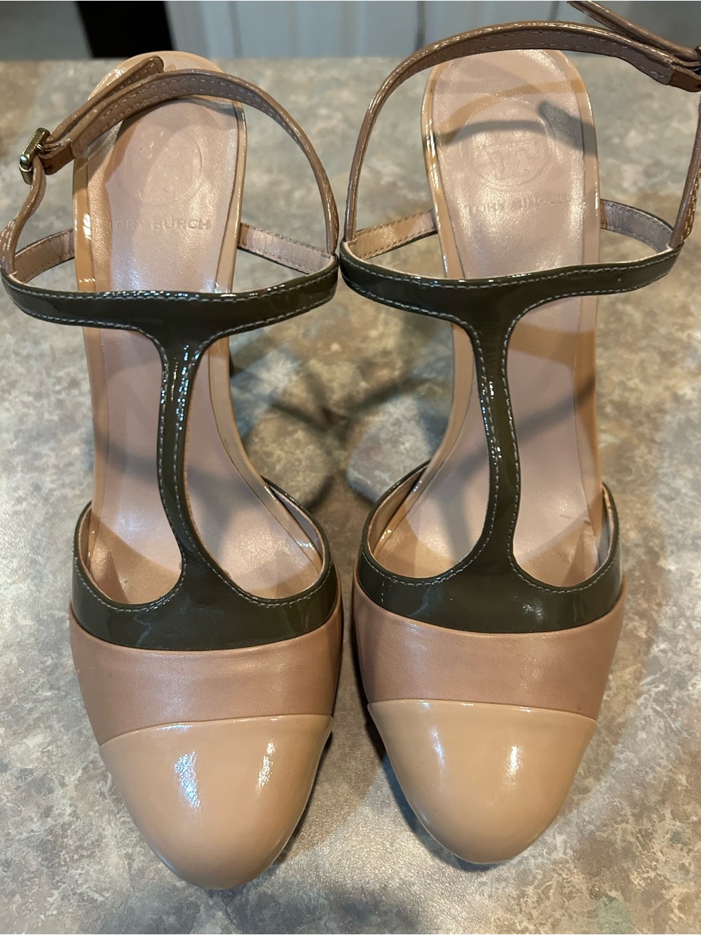 Tory Burch Nude and Olive Patent T-Strap Heels